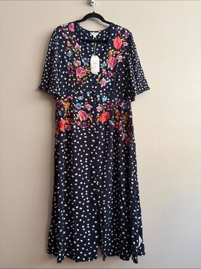 Monsoon London Rori Embroidered Tea Dress Navy Blue Polka Dot NWT Size L